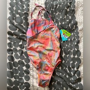 NWT Speedo Vibe Women's Printed Splice Tie Back Swimsuit Size 32